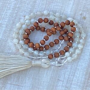 Moonstone Mala Necklace 108 Hand Knotted Gemstone Necklace Tassel Yoga Beads